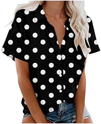 Lummerенски летни врвови модни обични кратки ракави Полки точки за печатење копчиња лаптолна маица Топ блуза 2023