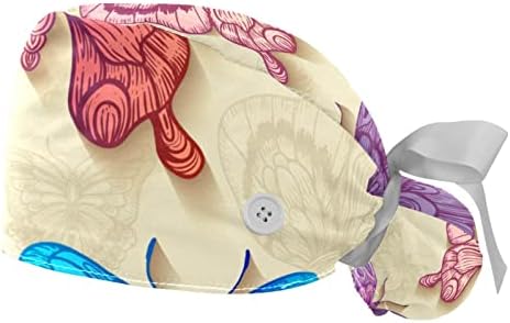 2 парчиња медицинска сестра за чистење капачиња со долга коса, ретро пеперутки прилагодливо работно капаче со копче и џемпери разнобојно