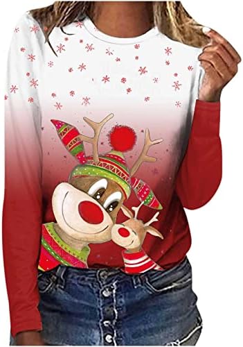 Грдите Божиќни џемпери за жени мода 2023 Нова Година екипаж со долги ракави кошула за џемпери Врза, боја на блуза, слатки блузи врвови