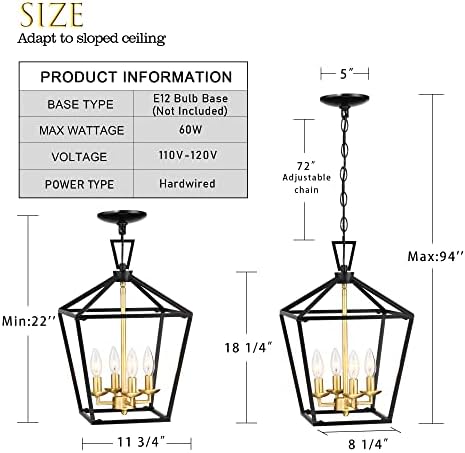 UntramleMeife 4-лесен фенер за приврзоци светло црна и златна четкана месинг кујна, приврзок светло, модерна геометриска лустер, прилагодлив