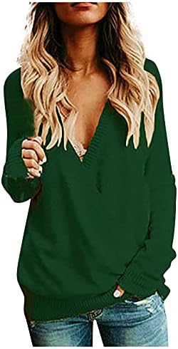 Women'sенски плус големина кошули V-врат со долги ракави, предниот лабав џемпер, пулвер скокач волчен врвови на врвови