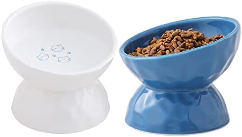 Керамички навалена крената храна за храна и чинија со вода за мачки, покачена чинија со садови за миленичиња без стрес за мачки и мали кучиња,