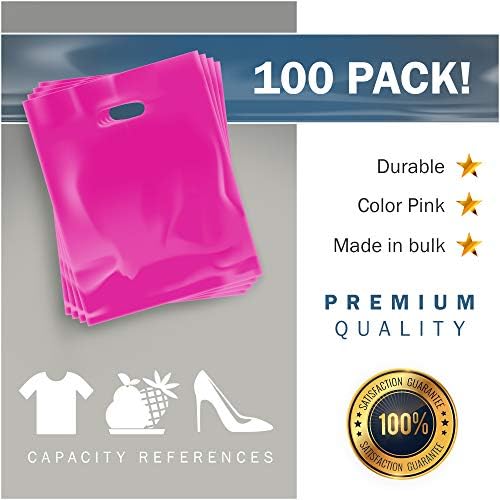 Розови стока пластични кеси за купување - 100 пакувања 12 x 15 со рачки од дебелина од 1,5 мил.