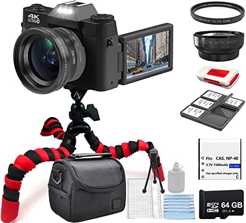 Комплет за дигитални фотоапарати Acuvar 4K 48MP за фотографија, камера за блогирање на YouTube со флип -екран, WiFi, широк агол и макро