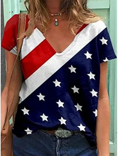 HGCCGDU 4 -ти јули Облека жени жени Амријански Ден на независност кошули V вратот патриотски туника Врвови на САД знаме печатена празнична блуза