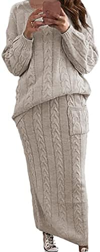 Женски двојно здолниште џемпер костум постави цврст кабел плетени џемпери со долг ракав џемпер облечен топол џемпер облеки