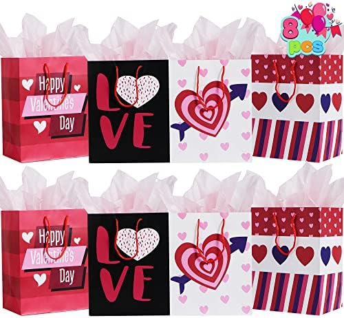 ЏОЈИН 8 Парчиња Торби За Подароци За Денот На Вљубените со Хартија за Полнење во 4 Дизајни за Детска Забава Фаворизирајте Материјали