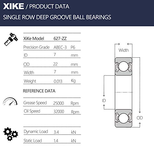 XiKe 10 Парчиња 627ZZ Двојни Метални Заптивки лежишта 7x22x7mm, Претходно Подмачкани и Стабилни Перформанси и Економични, Топчести