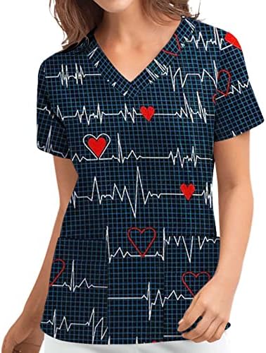 Лето Scrub_Tops За Жени Срце Печатени Карирани Маици V Вратот Краток Ракав Медицинска Сестра Работна Облека Обични Блузи