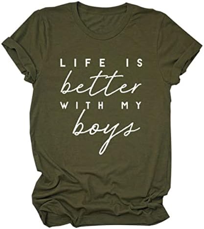 Lifeивотот е подобар со маицата за моите момчиња за жени смешна мајка кошула мама живот кошула кратка ракав, удобни летни врвови