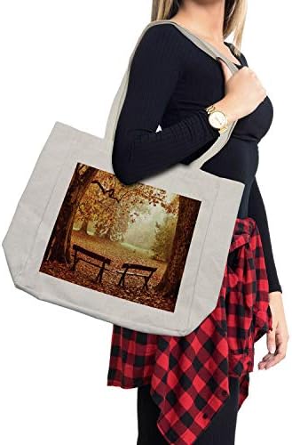 Есенска торба за есенско купување, драматична сцена со есенска сезона Вудленд и дрвени стари клупи Фотографија, Еко-пријателска торба за еднократна