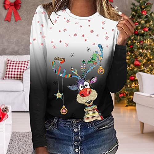 Womenените Божиќ симпатична пулвер трендовски 3Д цртан филм елк графички џемпер врвот на долги ракави градиенти влезови паѓаат облека пад на