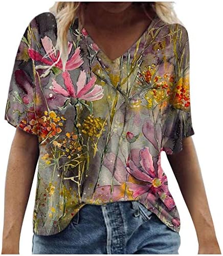 Massionенски модни кошули низ цела шарена цветна печатена маица против вратот кратки ракави, врвови лабави вклопени блузи