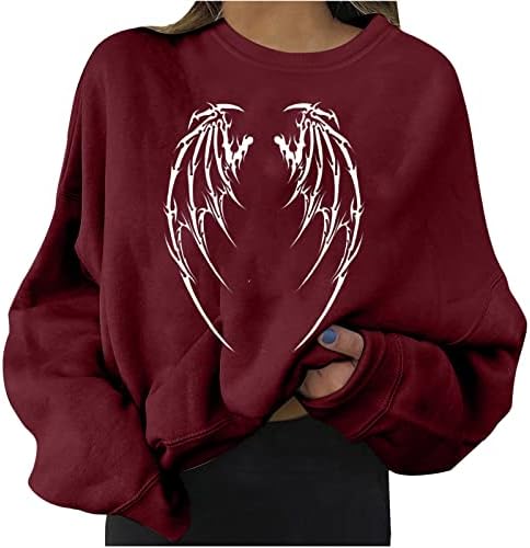4ZHUZI женски графички култури џемпери врвни ангелски крилја печатени исечени пулвер со долги ракави кошули на рамо за хеланки