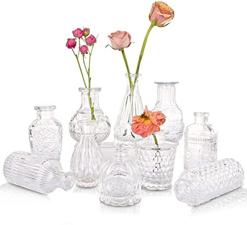 Гуана стакло единечна пупка вазна, сет од 10 гроздобер врежана цветна вазна, чисти вазни со пупки во рефус, декоративна рустикална цветна вазна