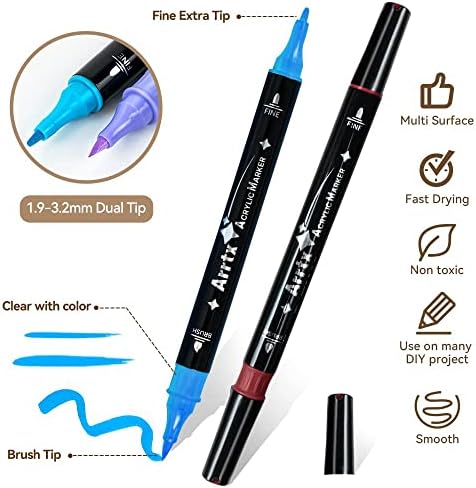 Arrtx акрилна боја пенкала, 62 бои врвот на четката и ситни маркери за боја на карпи, материјали за акрилно сликарство базирана