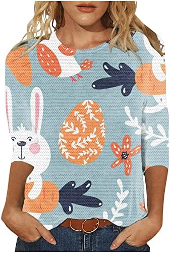 Среќни Велигденски кошули за жени Симпатична кошула за зајаче 3/4 ракави Смешни велигденски букви Обични празнични врвови
