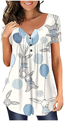 Велигденски кошули со adhowbew за жени плус големина фустани обични v вратот кратки ракави кошули Смешни зајачиња графички тимови Велигденски