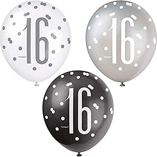 Единствена забава 83382 ДОТС 16 -ти роденденски латекс балони, 12 | Собрани | 6 компјутери, црна, возраст од 16 години