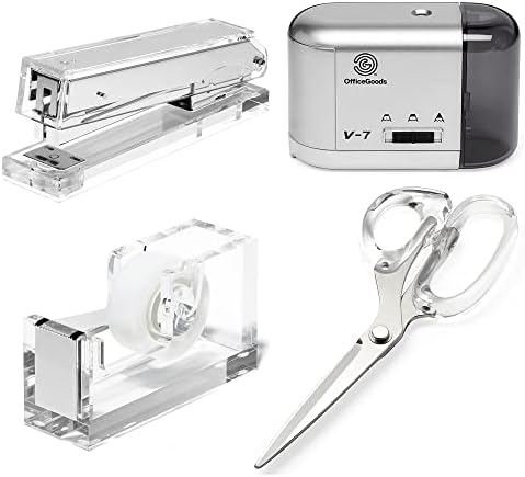 Office Goods Сребрена акрилна степлер во комплет со сребрена акрилна лента за диспензери, акрилик и сребрени ножици од не'рѓосувачки челик, заостанувач на сребрени елек?