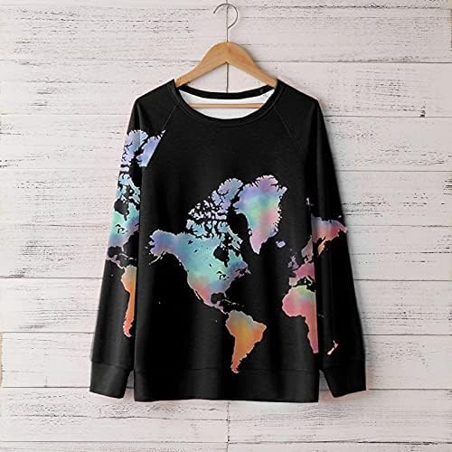 Светска мапа за печатење џемпер за жени Обичен трендовски екипаж со долги ракави кошули меки лабави тунични врвови дами блуза