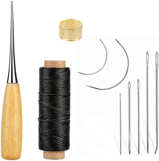 Кожен занаетчиски комплет за шиење Кожа за шиење восочна нишка со игли за ватирање на рацете и шиење AWL за поправка на кожа за почетници