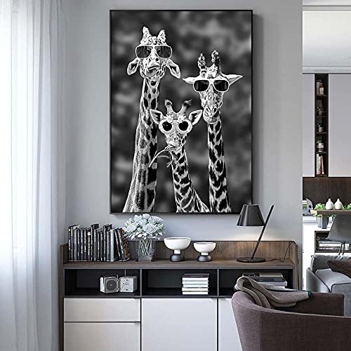 Црно -бела жирафа семејство со очила платно wallидно уметности на постери и печати смешна слика за животни Напредно масло за сликање