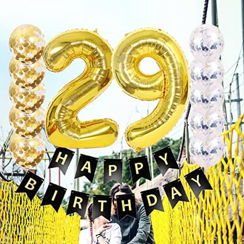 29 -та роденденска декорација Среќен роденден Црн банер балон 29 годишна забава што ги снабдува хелиум 40 ”златни балони + Силве злато латекс