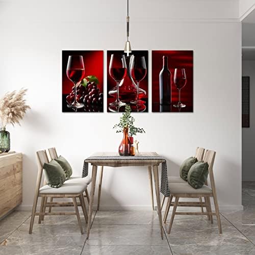 Lyerartork 3 парче кујна платно wallидна уметност црно -црвено вино сликање врамени уметнички дела вино чаша шише и грозје, отпечатоци