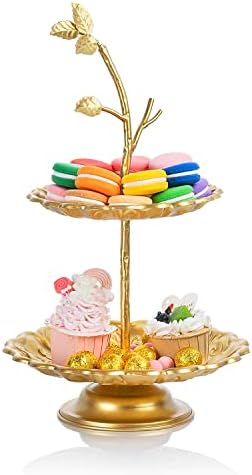 Златен штанд за чаши, 2 нивоа за чаши за чаши злато ， тркалезна лисја кукајк стојат метална забава за десерт за десерт