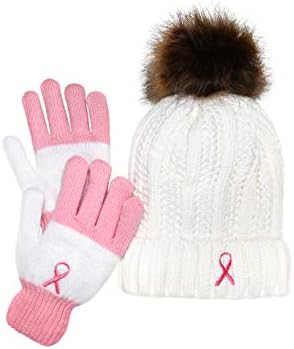Зимски сет на жени, плетена гравче со помпом и нараквици, свесност за рак на дојка од розова лента