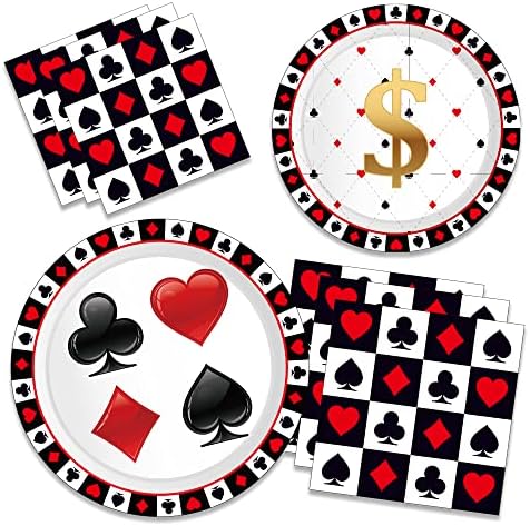Сет за роденденски садови за покер картичка за казино, се сервира 24 - За еднократна употреба 7 -инчни хартиени плочи, 9 инчни хартиени