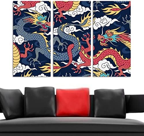 Wallидна уметност за дневна соба, маслено сликарство на платно големи врамени сини и црвени змејови кои се борат во облаците