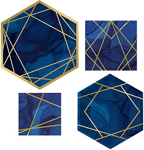 Партиски материјали на морнарицата сина и златна забава | Пакетот вклучува плочи со хартиени плочи и салфетки за 16 лица | Мермер геометриски