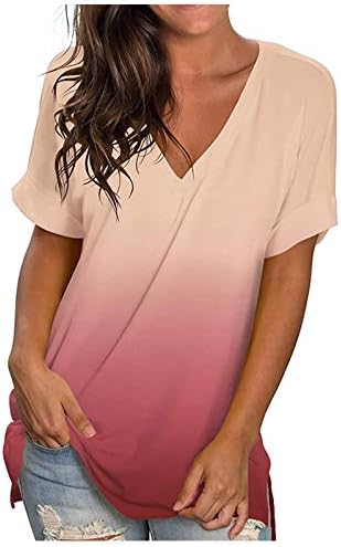 Womenенски градиентска кошула, женски летни врвови 2023 V вратот цветни маици со кратки ракави кошула обична страна сплит Туника врвот!