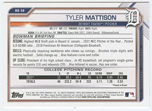 2021 Bowman Draft BD-58 Тајлер Метисон РЦ дебитант Детроит Тигерс МЛБ Бејзбол Трговска картичка
