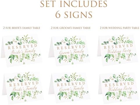 Резервиран знак за свадбени маса | Сет од 6 акварел бело и злато со зеленило на зеленило еукалиптус, вклучувајќи седење за
