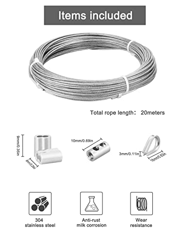 Fshihine Wire јаже кабел 66ft 304 жица од не'рѓосувачки челик 5/64 PVC обложена со жични клипови за јаже, лапчиња, ситни ракави и шрафцигери,