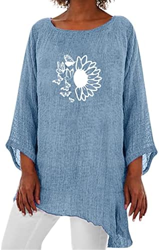 Врвови за женски постелнина, цветни шема 3/4 ракави О-вратот плус големина памучна постелнина маица женски плус блузи со големина