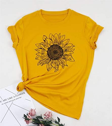 Летна маица за сончогледи на Gliglittr, симпатична цветна графичка лабава лабава екипаж вратот на вратот кратки ракави обични врвови