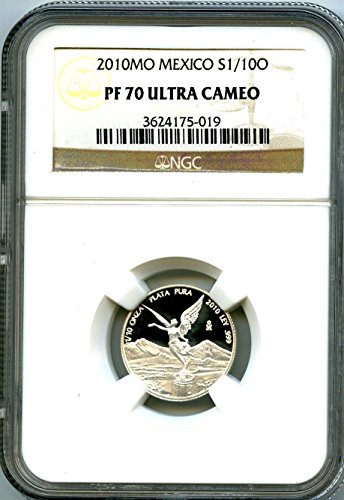 2010 Мексико 1/10 мл Онза Сребрен доказ за Либертад Екстремно редок сребро PF70 NGC