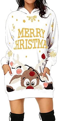 Женски грди Божиќни дуксери фустани модни Божиќни печати џемпер со долги ракави кошули со качулка со џеб