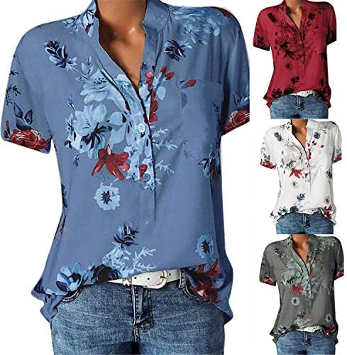 Andongnywell жени кошули со копчиња случајни кратки ракави против вратот плус печатени врвови маици со џеб