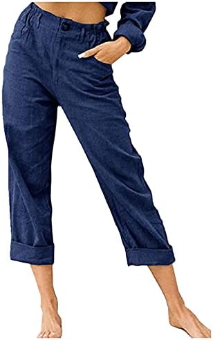 Pantsуер памучни постелнини панталони за жени удобни панталони за плажа цврсти високи половини панталони со полна нога, случајни