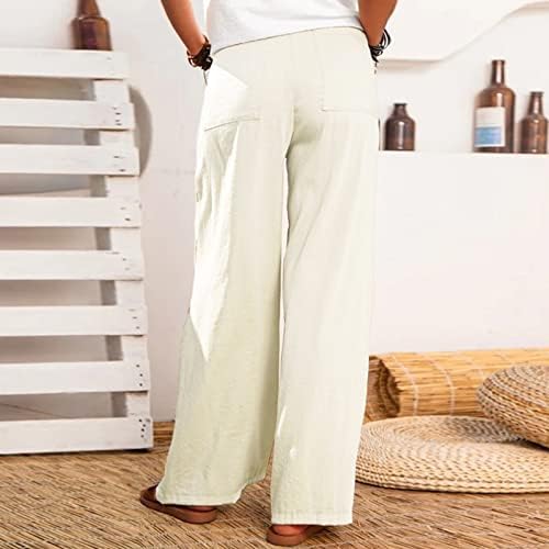 2023 година Нови памучни постелнини панталони за жени, обична удобност широко нозе лабава вклопена рамна предна јога панталони со широки
