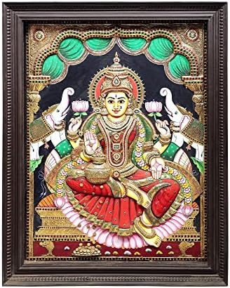 Егзотична Индија 41 x 52 Падмасана Гајалакшми Танџор Сликање | Традиционални бои со 24к злато | Рамка од тиково дрво