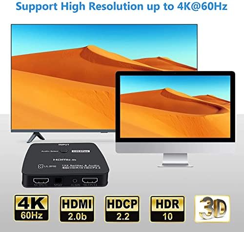Ulbre HDMI Splitter 1in2 Out Audio Extractor, 4K 60Hz HDMI 2.0B Splitter 3D, за двојни монитори дупликат/огледало, HDR10 HD