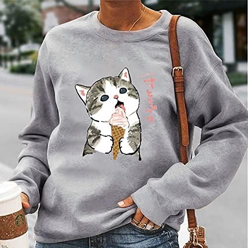 GA Weihua Симпатични џемпери за жени преголеми животински мачки печатење со долги ракави екипаж, пулвер туничен врвови кошула пад на блуза