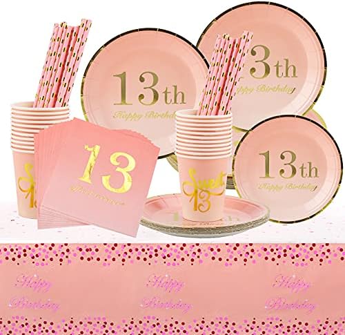 Декорации за 13-ти Роденден За Девојчиња-Вкупно 122 Парчиња Розово Злато За Еднократна Употреба Прибор За Јадење За 24 Гости,Вклучуваат