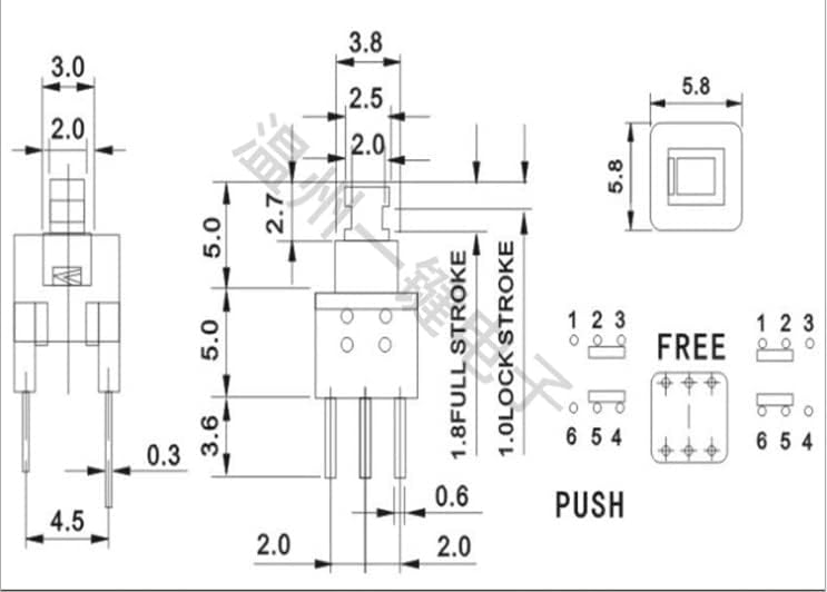 10PCS KFT-5.8A 5.8x5.8mm Switch Switch 6pin Push Lock DPDT Мал прекинувач за копче за микро-притисок-